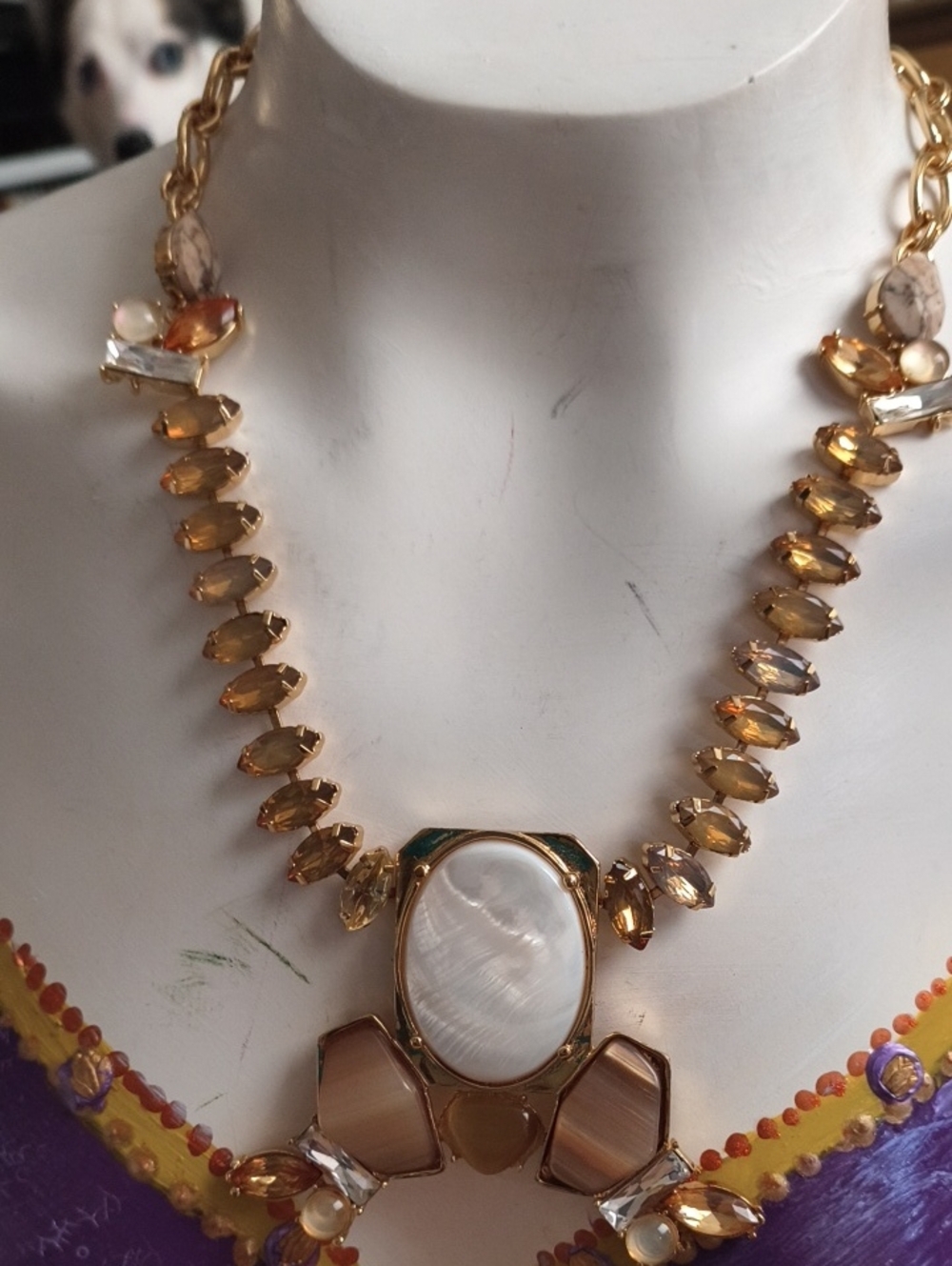 NWT Anne Klein Gold and Champagne Statement Necklace with Mother-of-Pearl Center